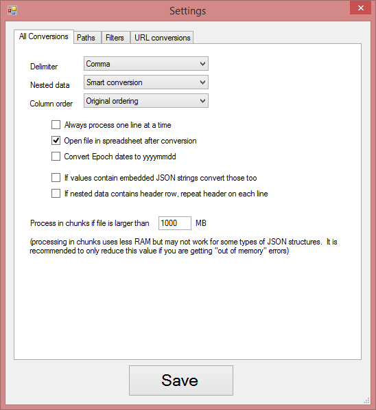 Settings screen - all conversions