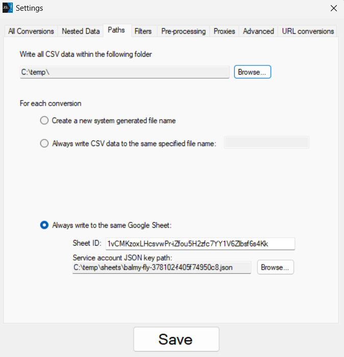 Settings - Google Sheets Output